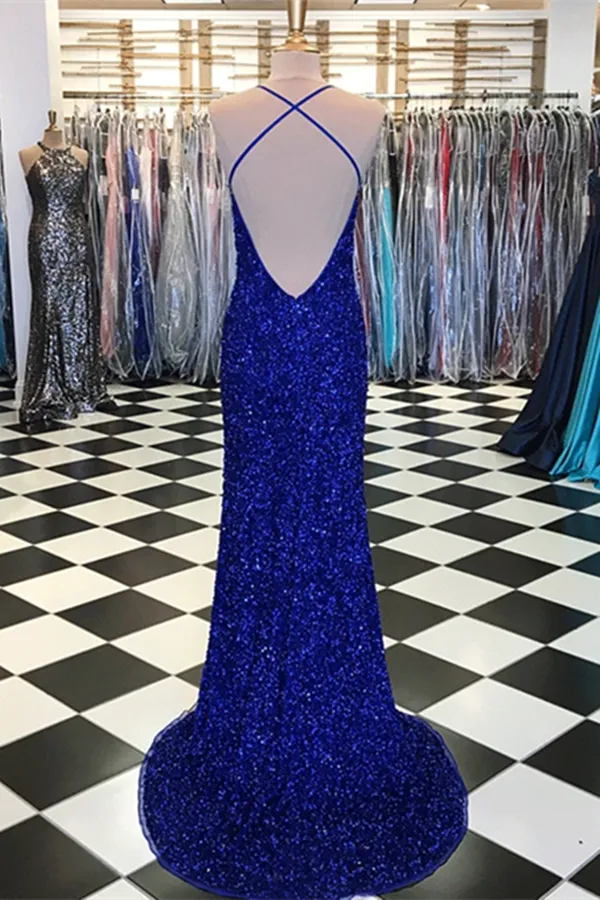 Anneprom Sparkly Prom Dresses with Slit Sheath Short Train Long Royal Blue Prom Dress APP0413