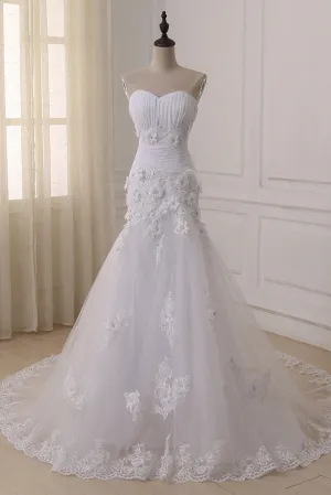 Anneprom Strapless Sweetheart Ruched Floral Appliqués Tulle Mermaid Wedding Dress Featuring Lace-Up Back APW0318