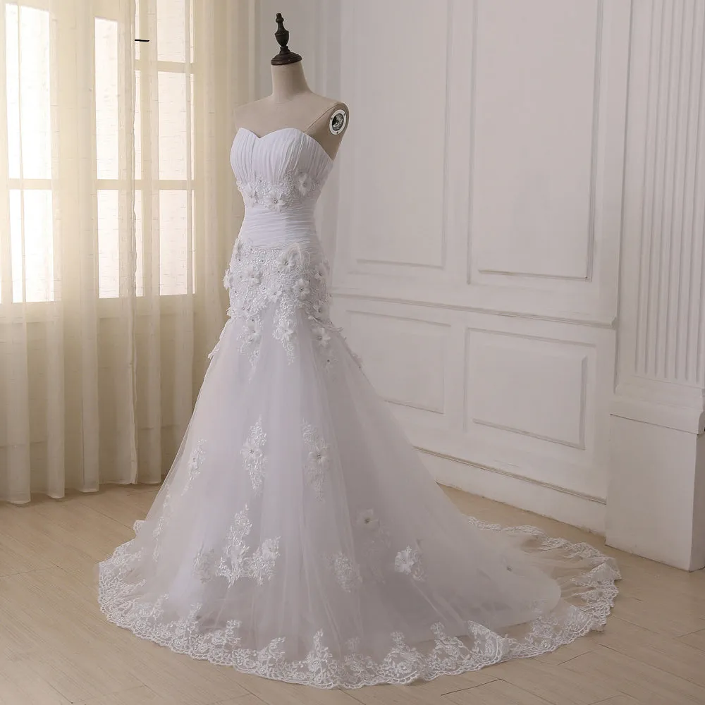 Anneprom Strapless Sweetheart Ruched Floral Appliqués Tulle Mermaid Wedding Dress Featuring Lace-Up Back APW0318