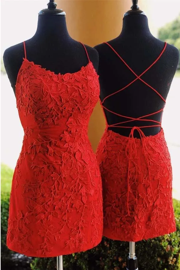 Anneprom Tie Back Appliqued Sheath Pink Short Prom Dress Homecoming Dress APH0005