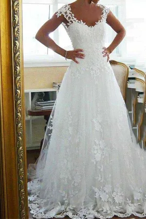 Anneprom Tulle Scoop Neckline A-Line Wedding Dresses With Lace Appliques APW0201