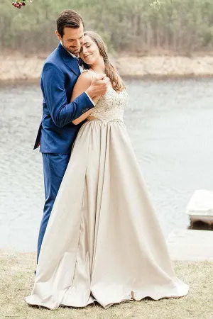 Anneprom Two Piece V-Neck Satin Wedding Dress With Lace Appliques APW0179