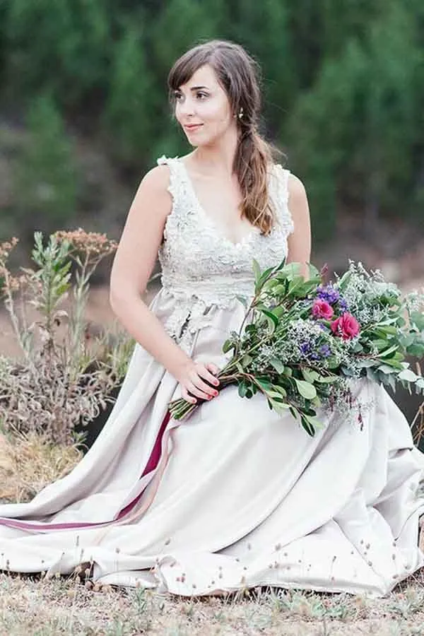 Anneprom Two Piece V-Neck Satin Wedding Dress With Lace Appliques APW0179