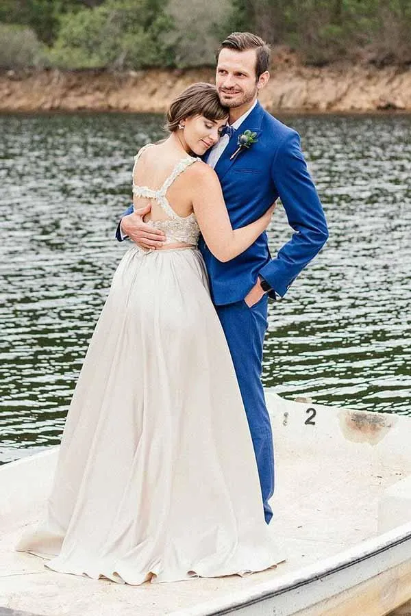 Anneprom Two Piece V-Neck Satin Wedding Dress With Lace Appliques APW0179