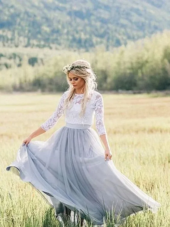 Anneprom Two Pieces Scoop Boho Wedding Dress With 3/4 Sleeve Rustic Lace Wedding Dresses APW0225