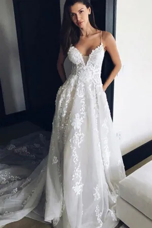 Anneprom V Neck Spaghetti Straps Appliques Court Train Tulle Wedding Dress APW0159
