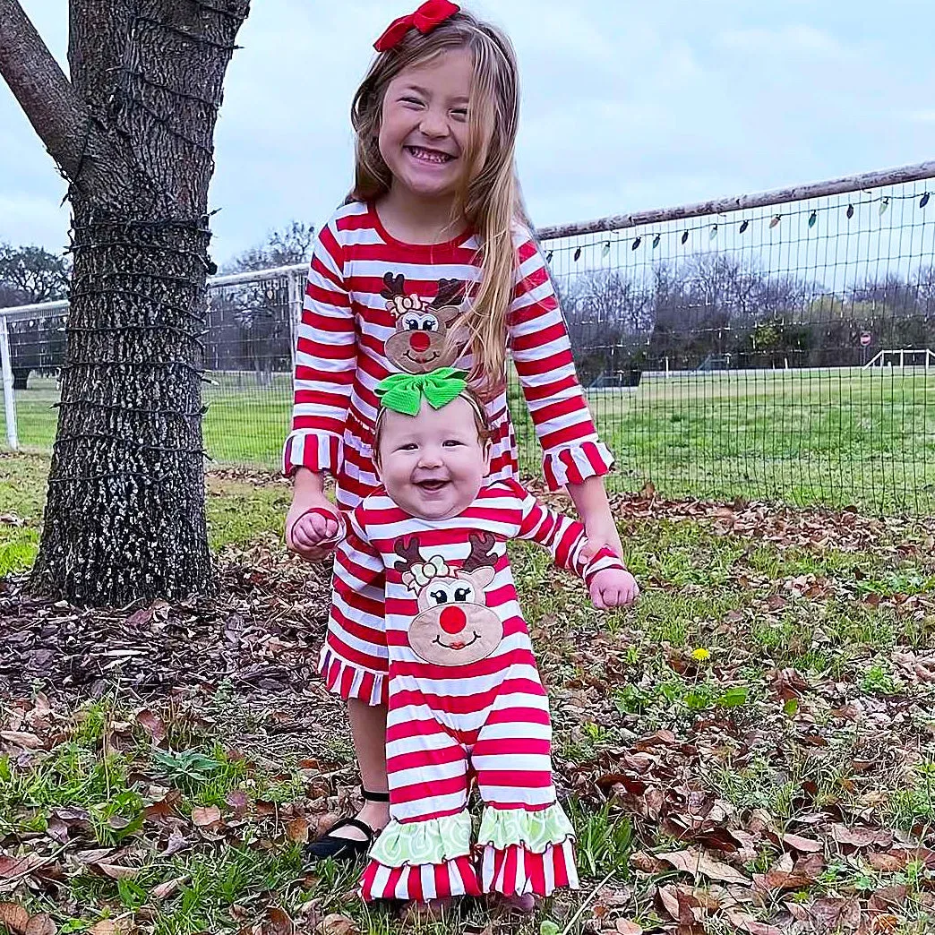 AnnLoren Baby Toddler Girls Boutique Christmas Reindeer Red Striped Romper