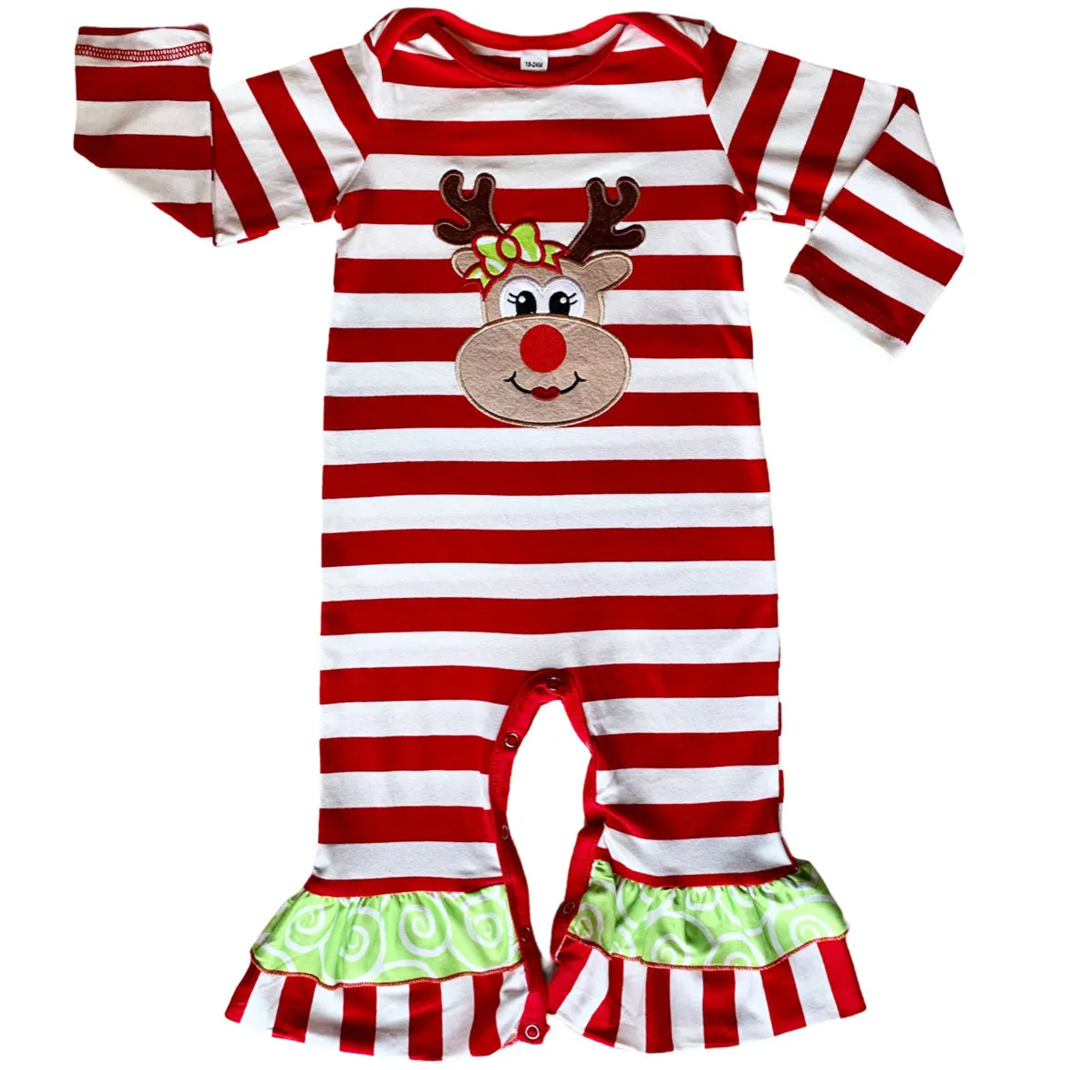 AnnLoren Baby Toddler Girls Boutique Christmas Reindeer Red Striped Romper