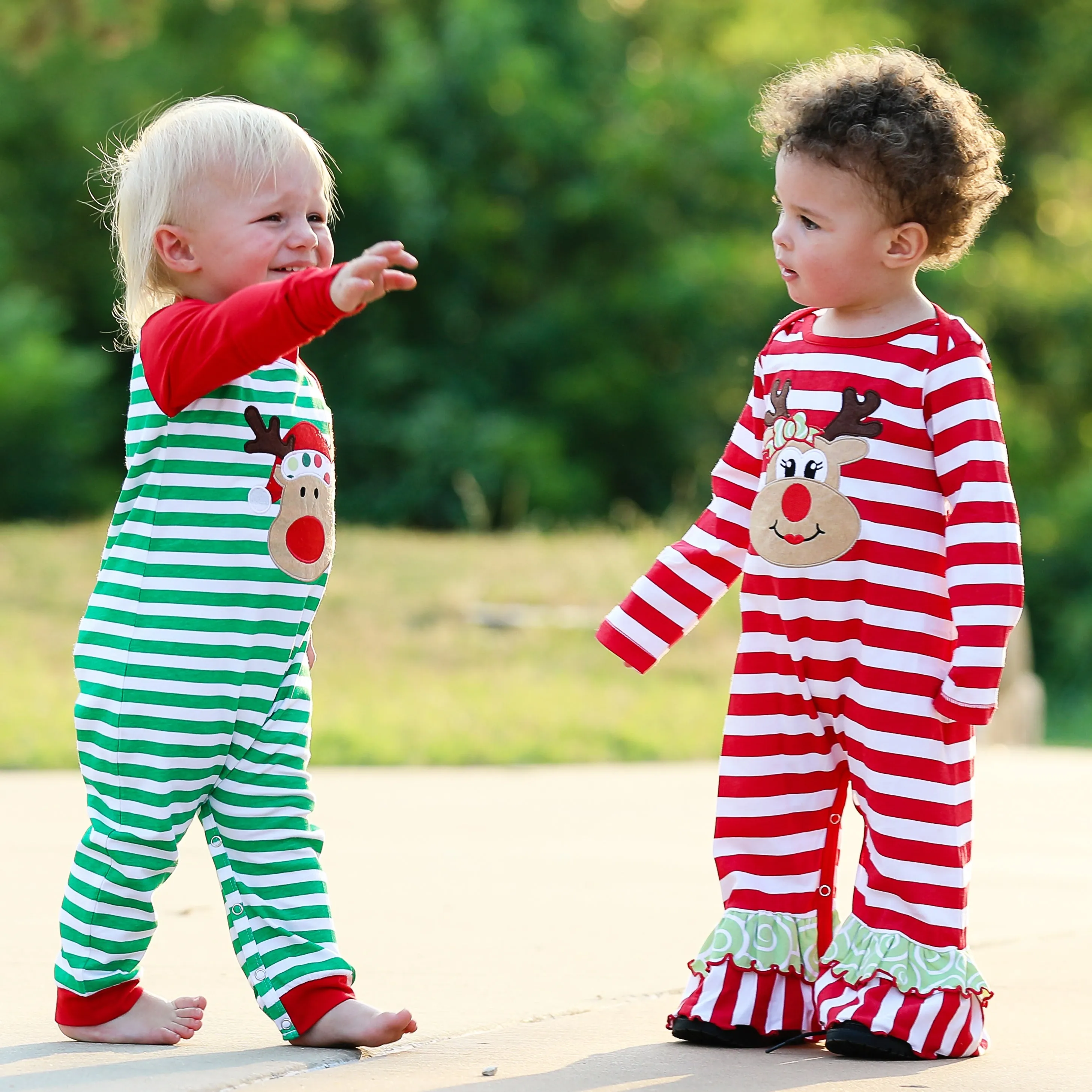 AnnLoren Baby Toddler Girls Boutique Christmas Reindeer Red Striped Romper