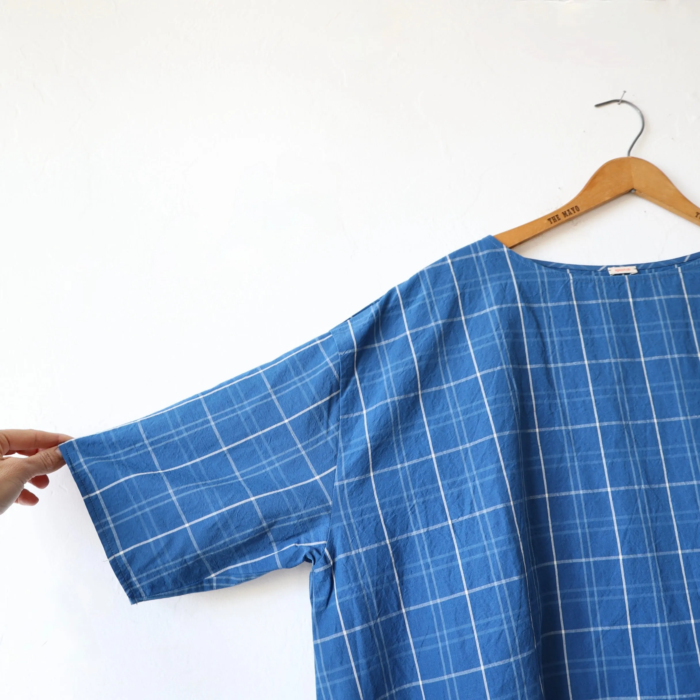 Apuntob Cotton/Linen Easy Dress - Denim Blue Plaid