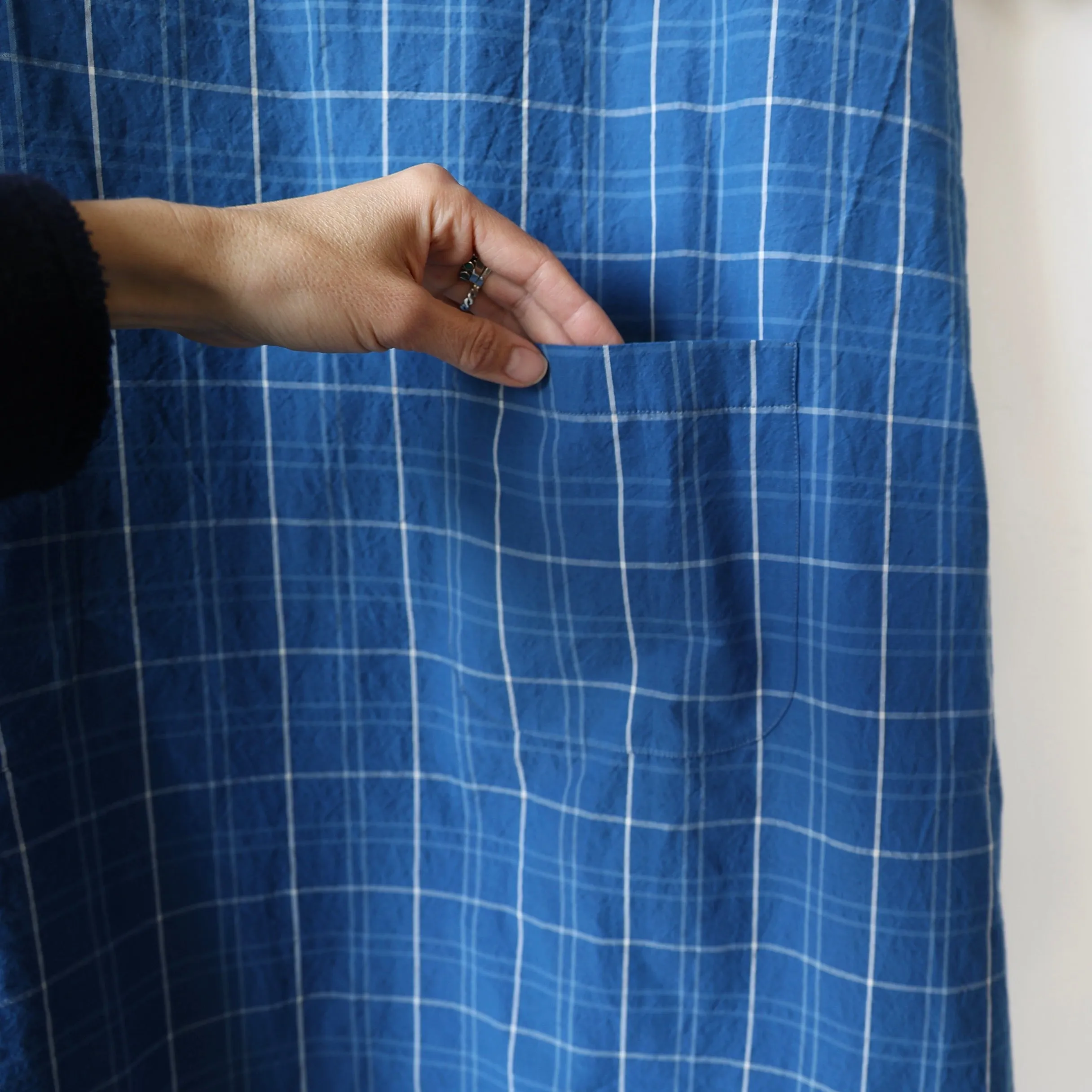 Apuntob Cotton/Linen Easy Dress - Denim Blue Plaid