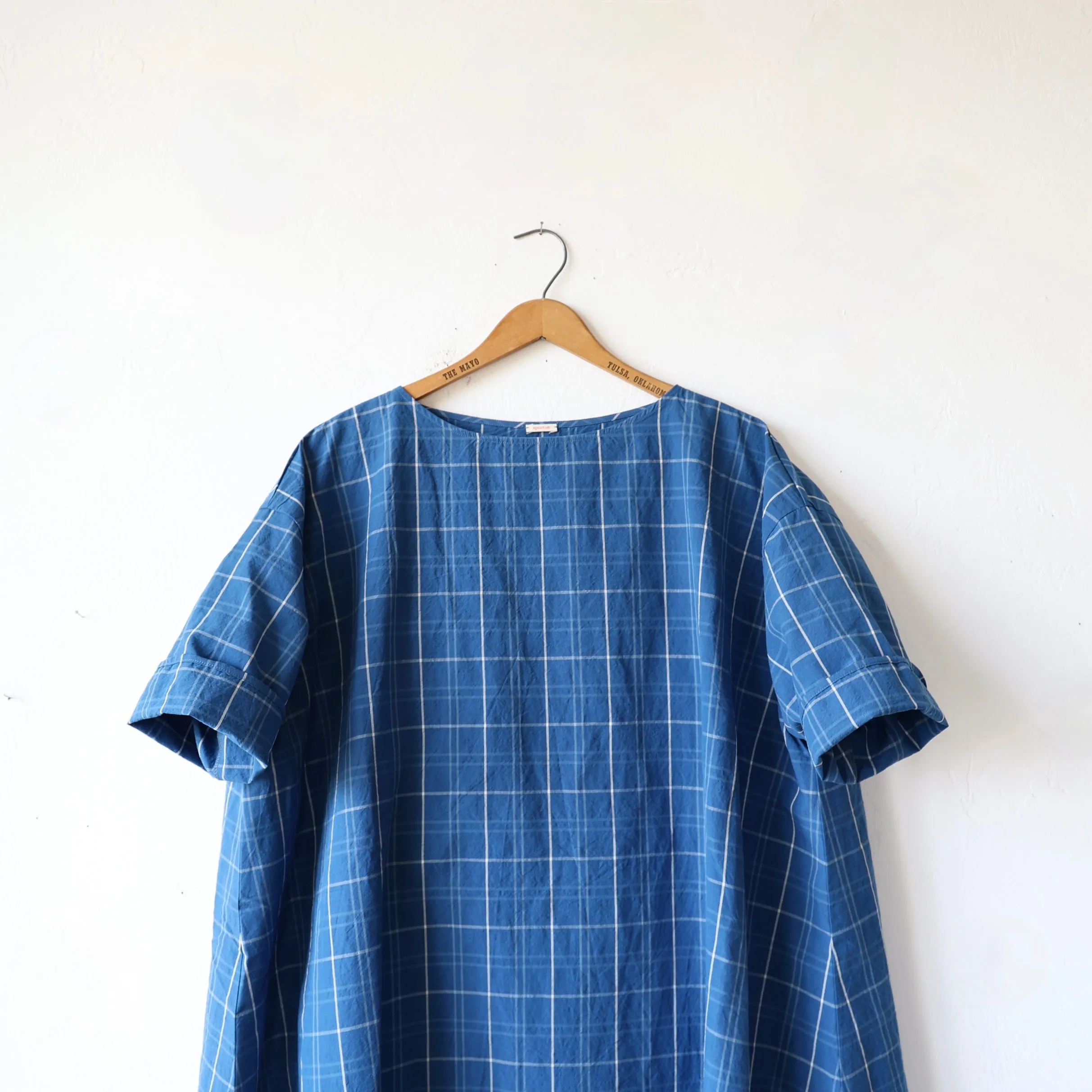 Apuntob Cotton/Linen Easy Dress - Denim Blue Plaid