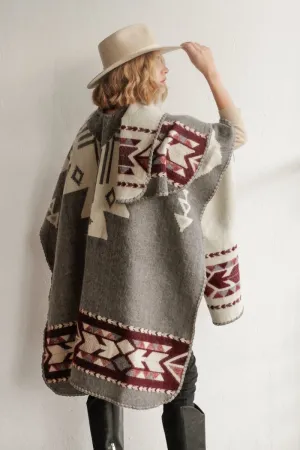 Aras Poncho in Grey and Burgundy