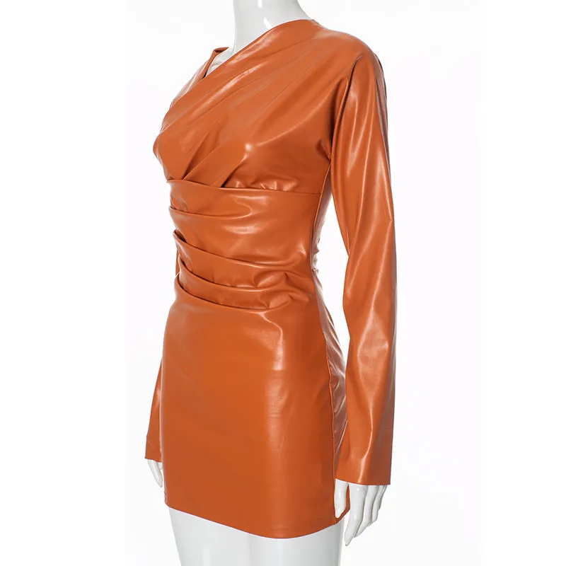 Asymmetric Neckline Long Sleeve Faux Leather Dress