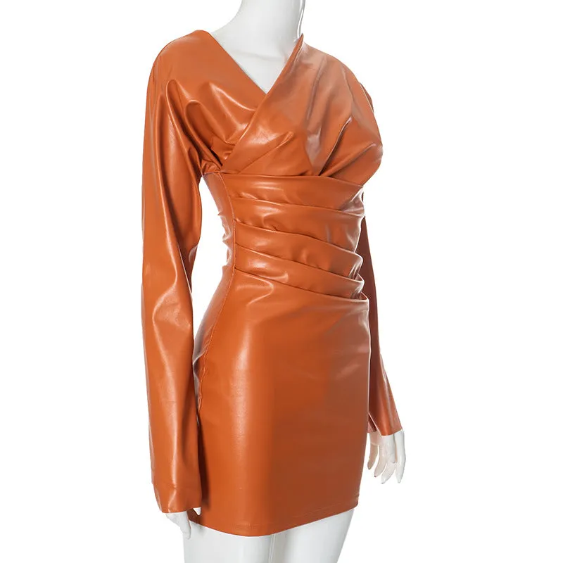 Asymmetric Neckline Long Sleeve Faux Leather Dress