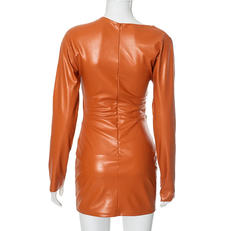Asymmetric Neckline Long Sleeve Faux Leather Dress