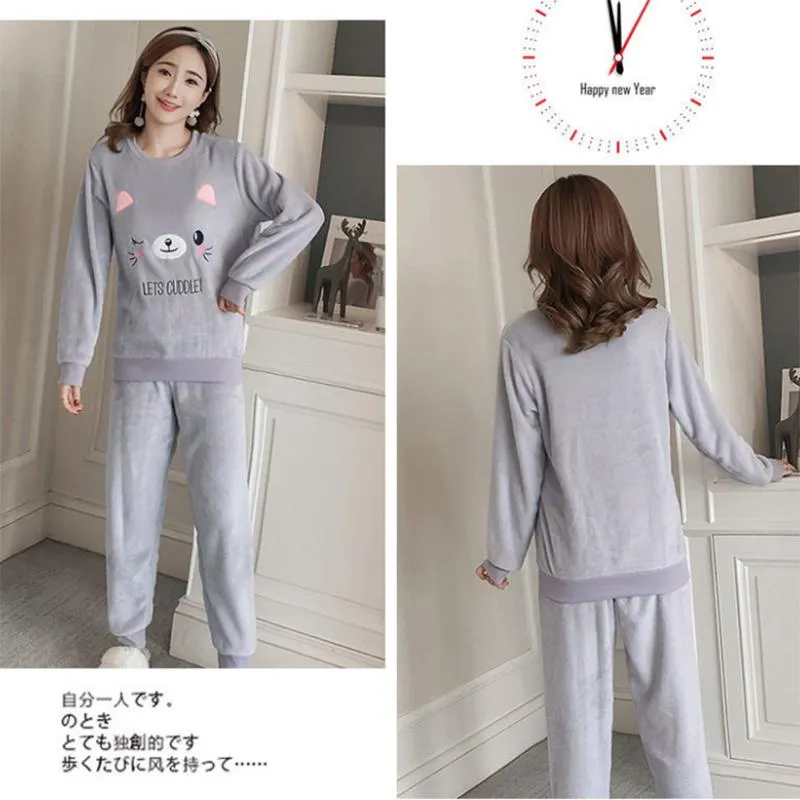 Autumn and Winter Flannel Plus Size Women's Pajamas Long-sleeved Trousers Thickened Plus Velvet Home Service