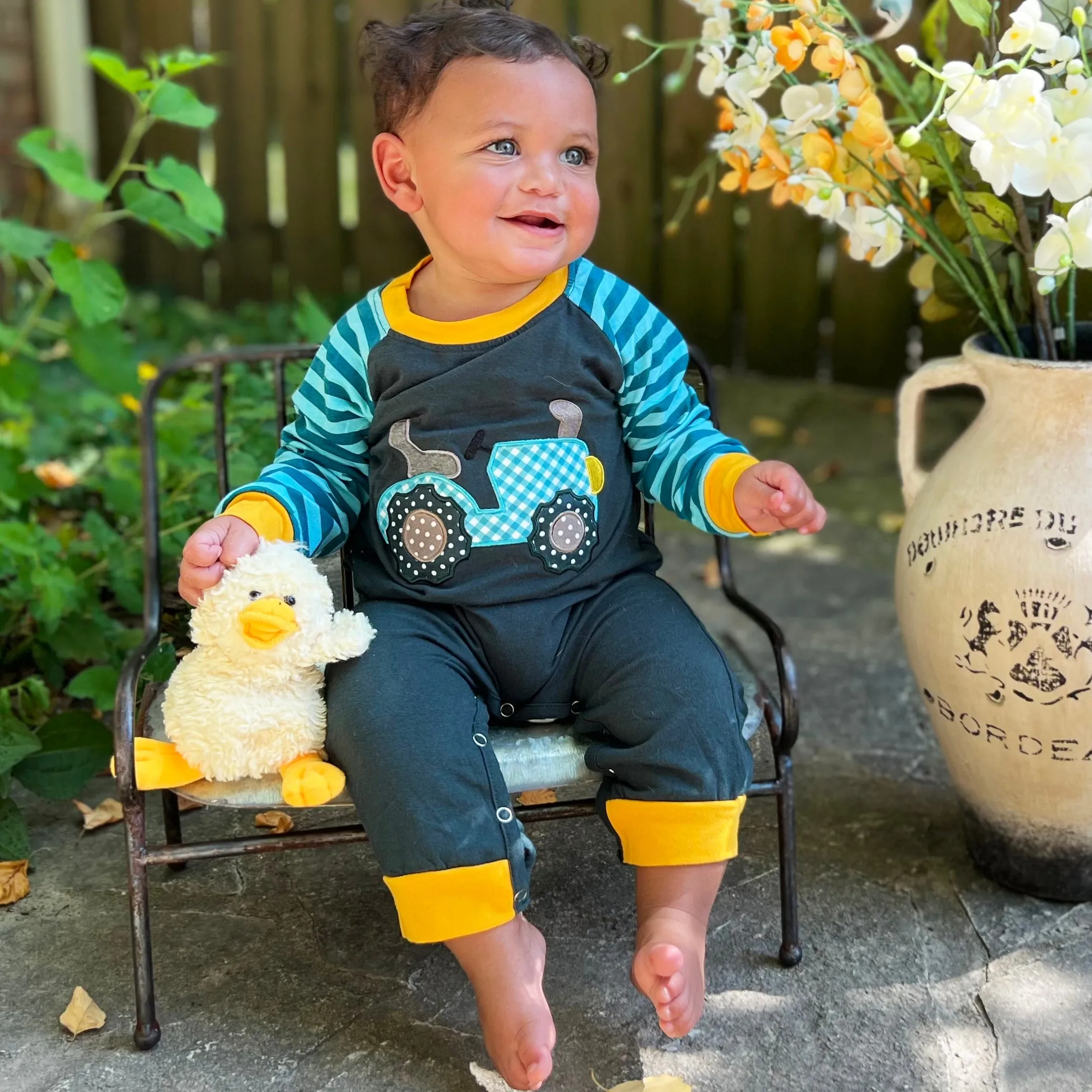 Baby Boys Blue Tractor Truck Fall Winter Cotton Romper