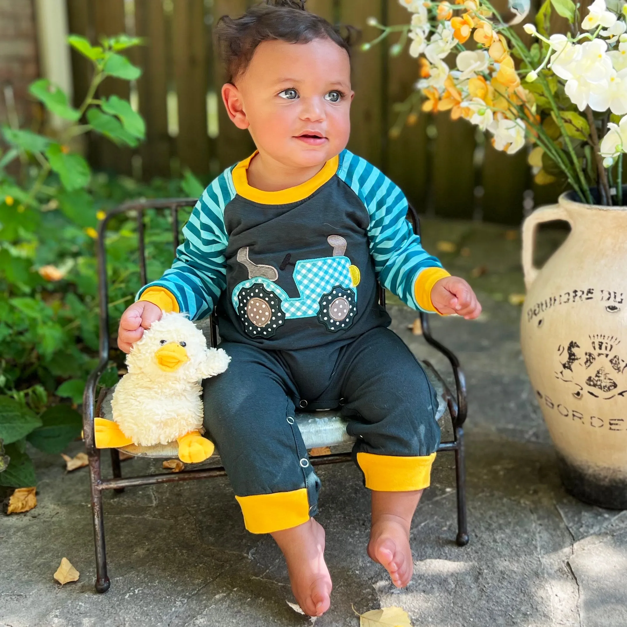 Baby Boys Blue Tractor Truck Fall Winter Cotton Romper