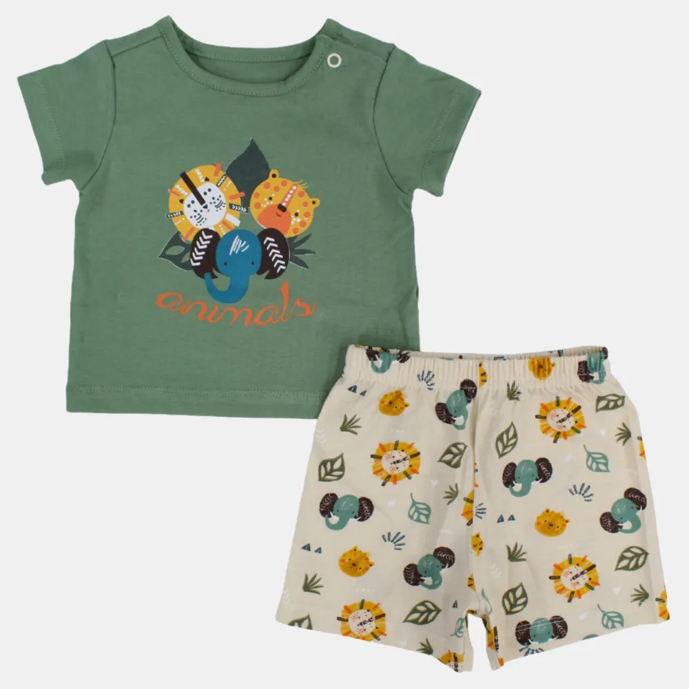 Baby Boys Cotton Pajama – Olive With Lion Print
