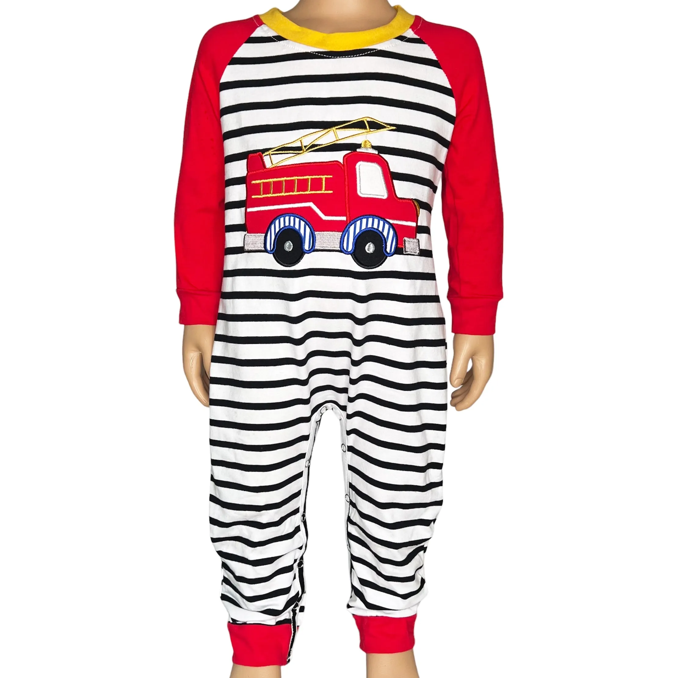 Baby Boys Red Firetruck Long sleep Striped Romper Toddler Jumpsuit