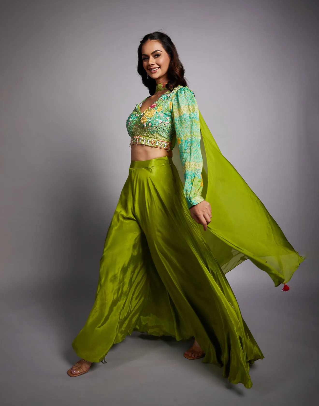 Bandhej Printed Crop Top With Flared Pant Fusion Set