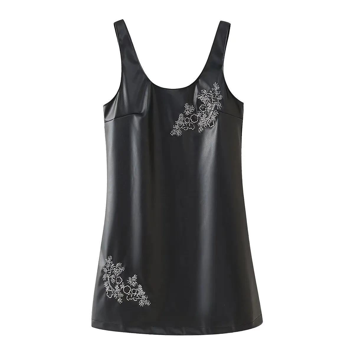 Beaded Faux Leather Sleeveless Mini Dress