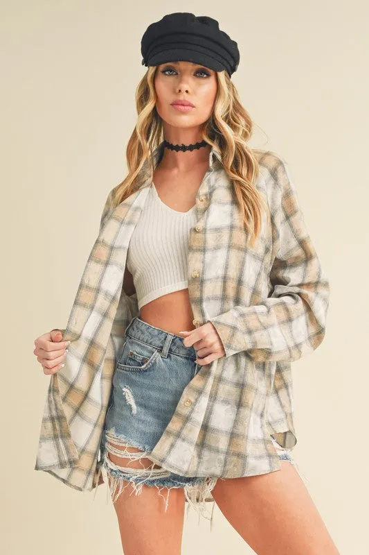 Beige Plaid Flannel Side Step Hem Shirt