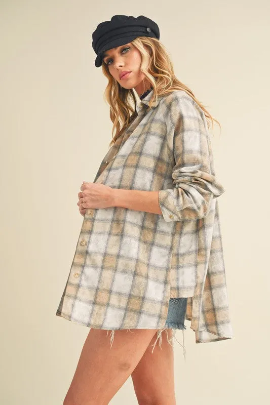 Beige Plaid Flannel Side Step Hem Shirt