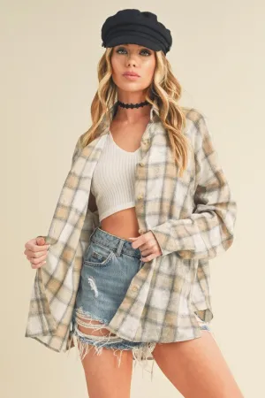 Beige Plaid Flannel Side Step Hem Shirt