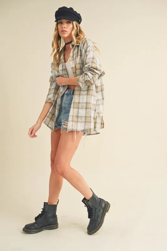 Beige Plaid Flannel Side Step Hem Shirt