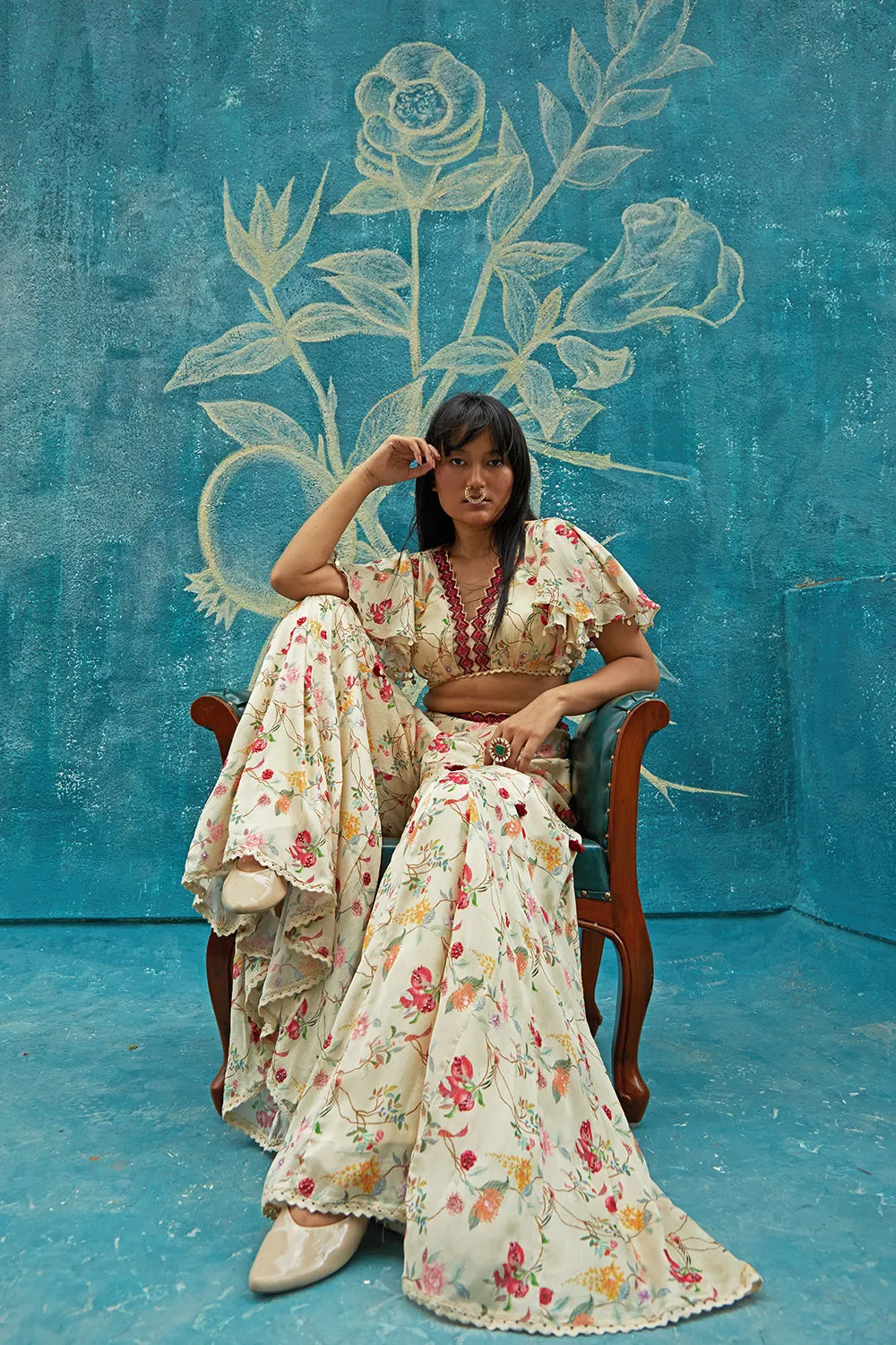 Beige printed pant set with embroidery V-neckline, ruffle sleeves and easy flowing pant