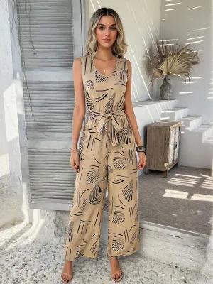 Beige Printed Tie Up Jumpsuit