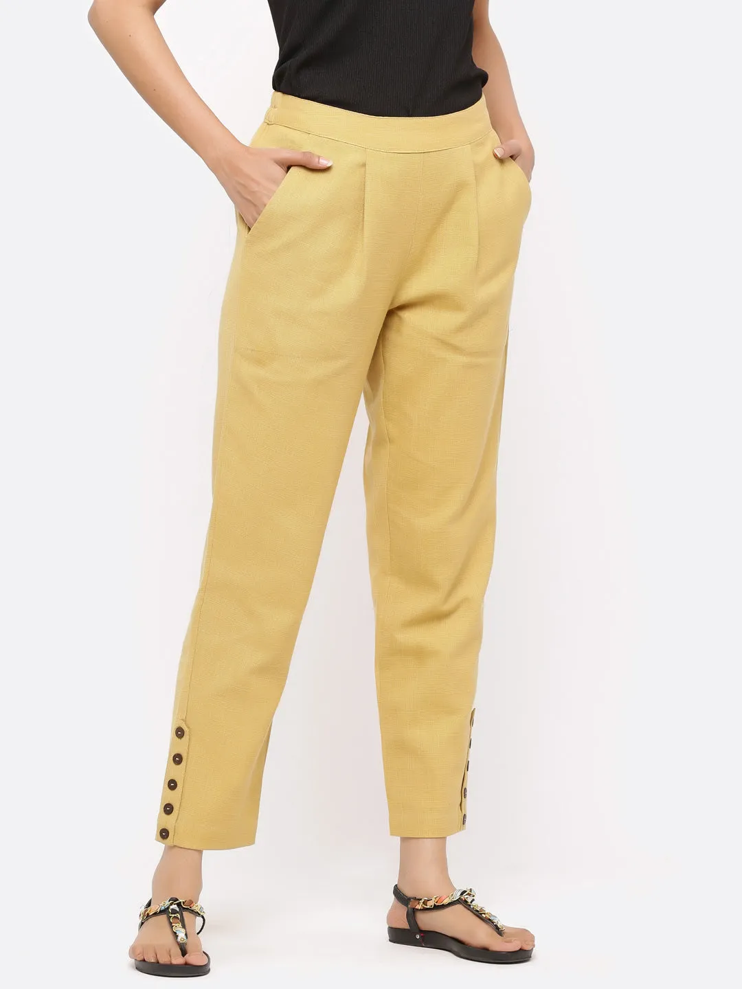 Beige Solid Cotton Slub Pants