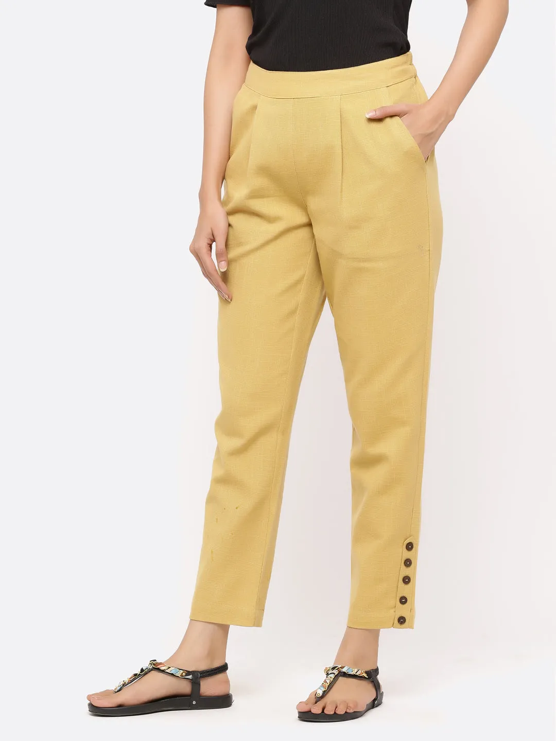 Beige Solid Cotton Slub Pants