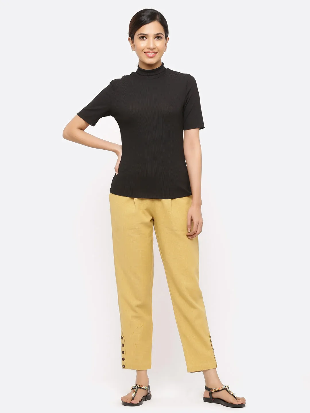 Beige Solid Cotton Slub Pants