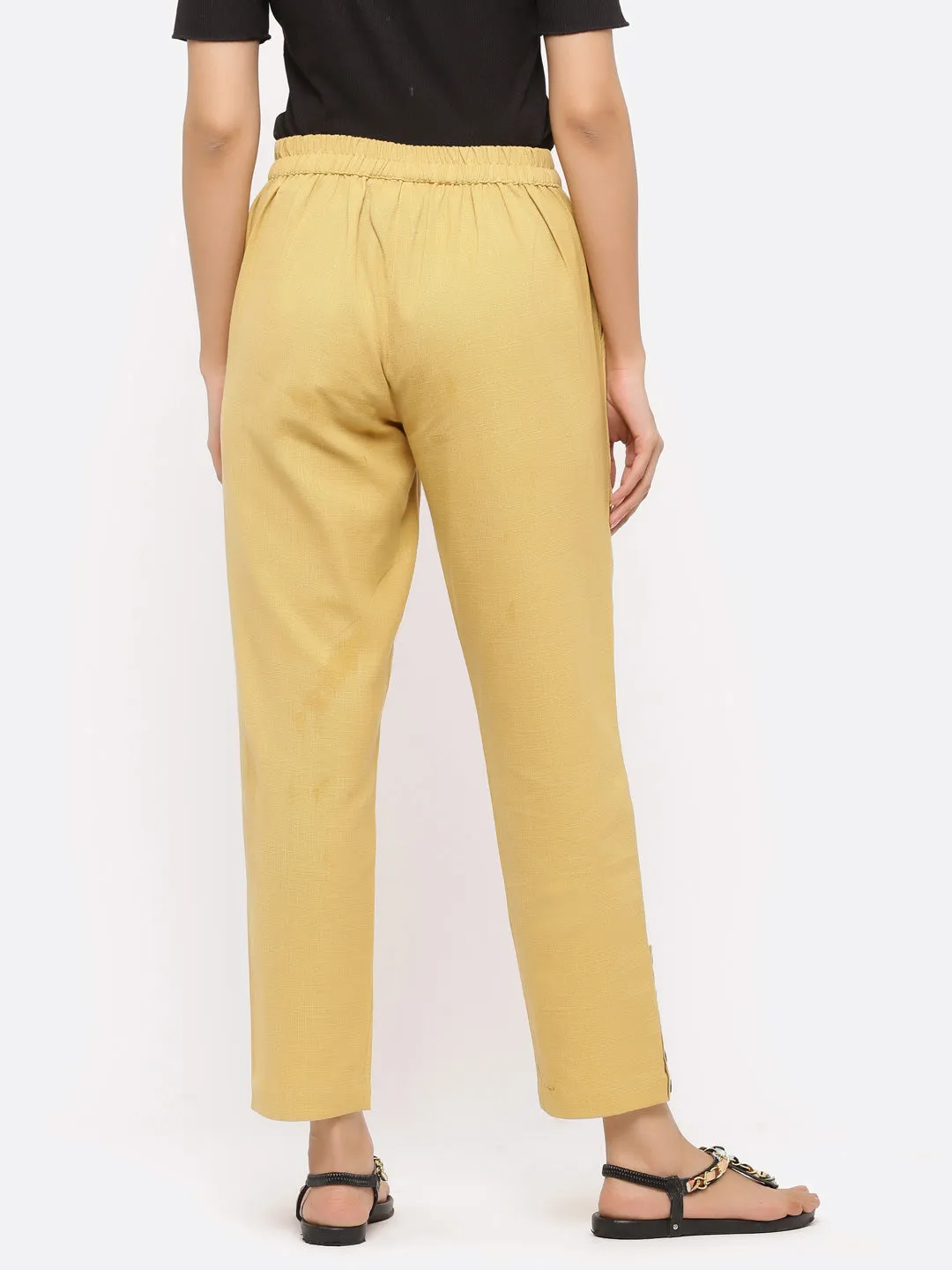 Beige Solid Cotton Slub Pants