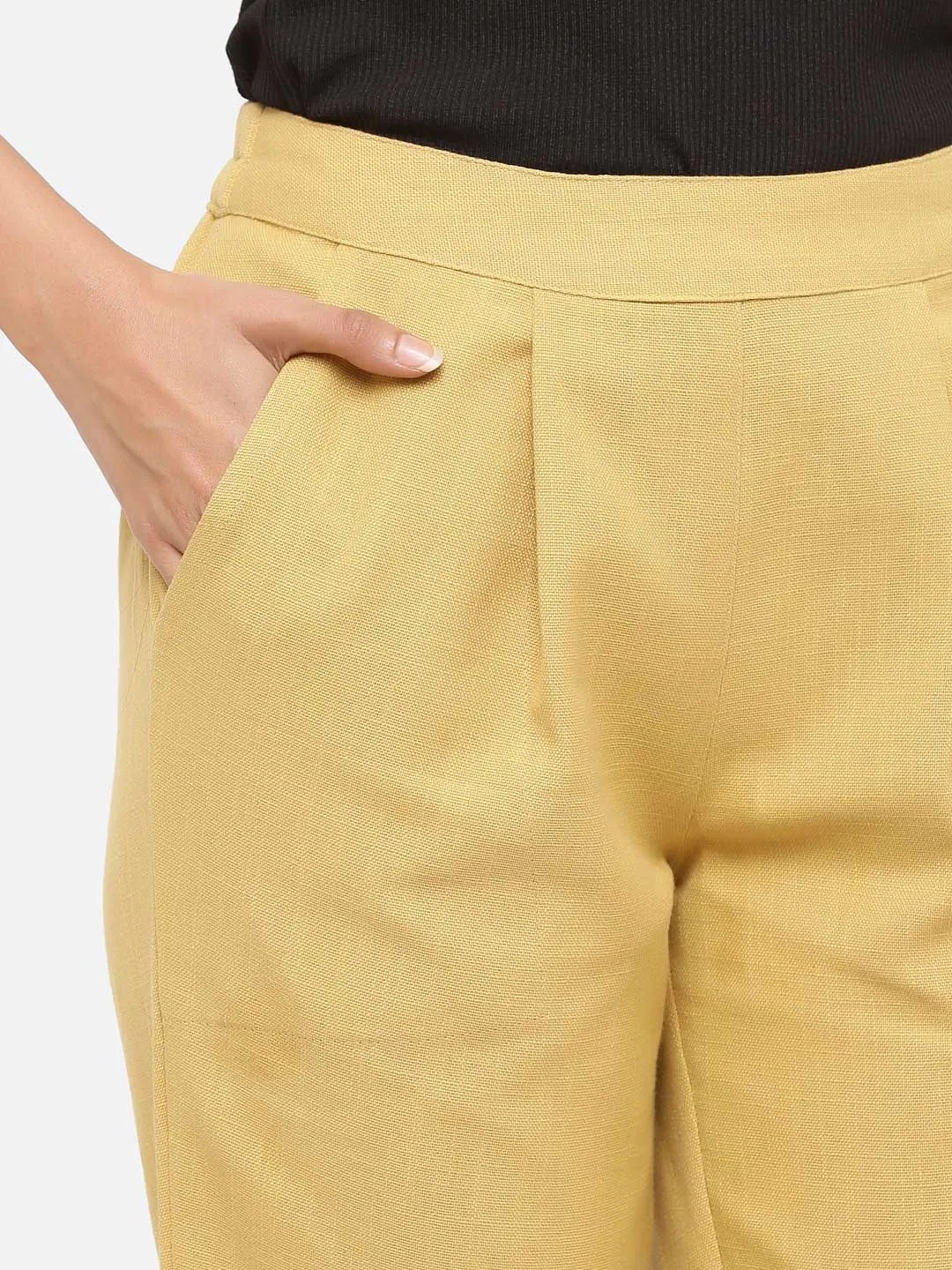 Beige Solid Cotton Slub Pants