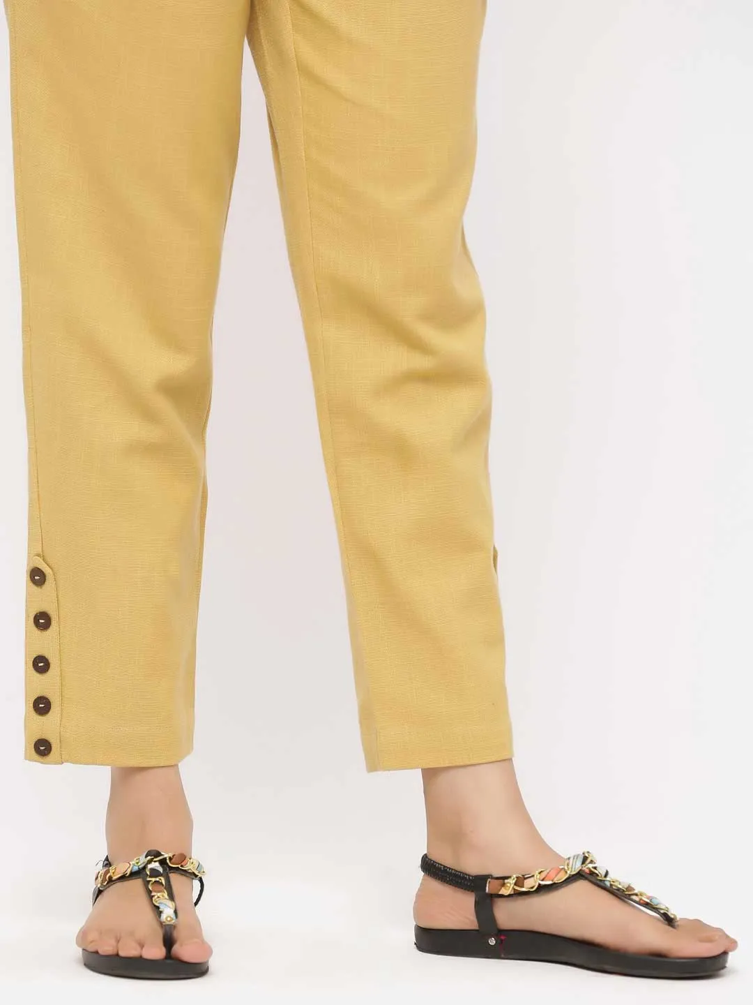 Beige Solid Cotton Slub Pants