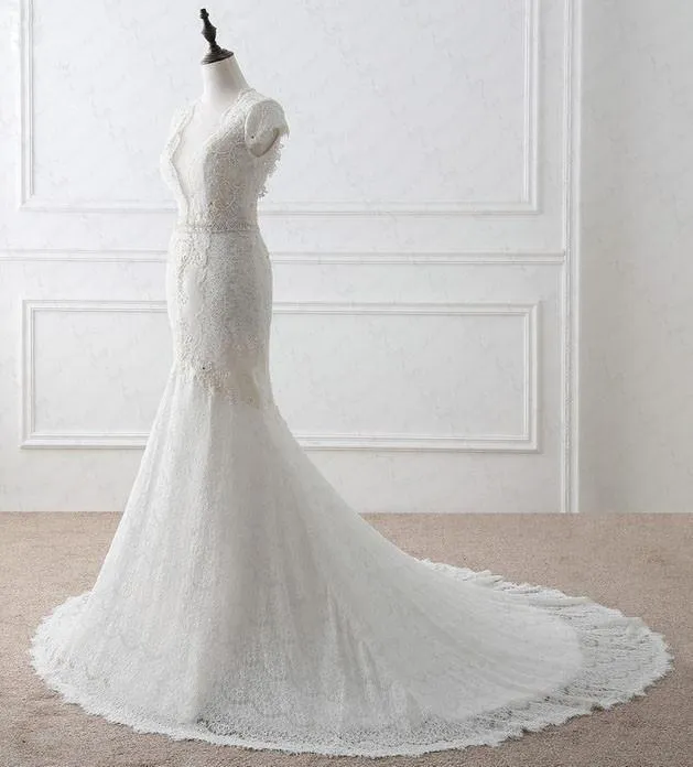 Best Sale Cap Sleeves Sexy Deep V Neck Lace Backless Wedding Dresses with Short Train,220020