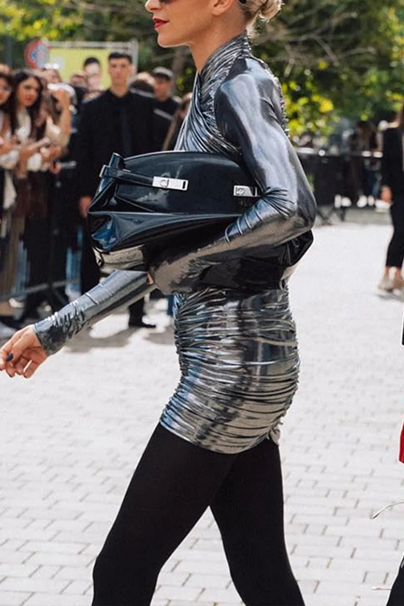 BI689 Metallic Leather Mini Dress