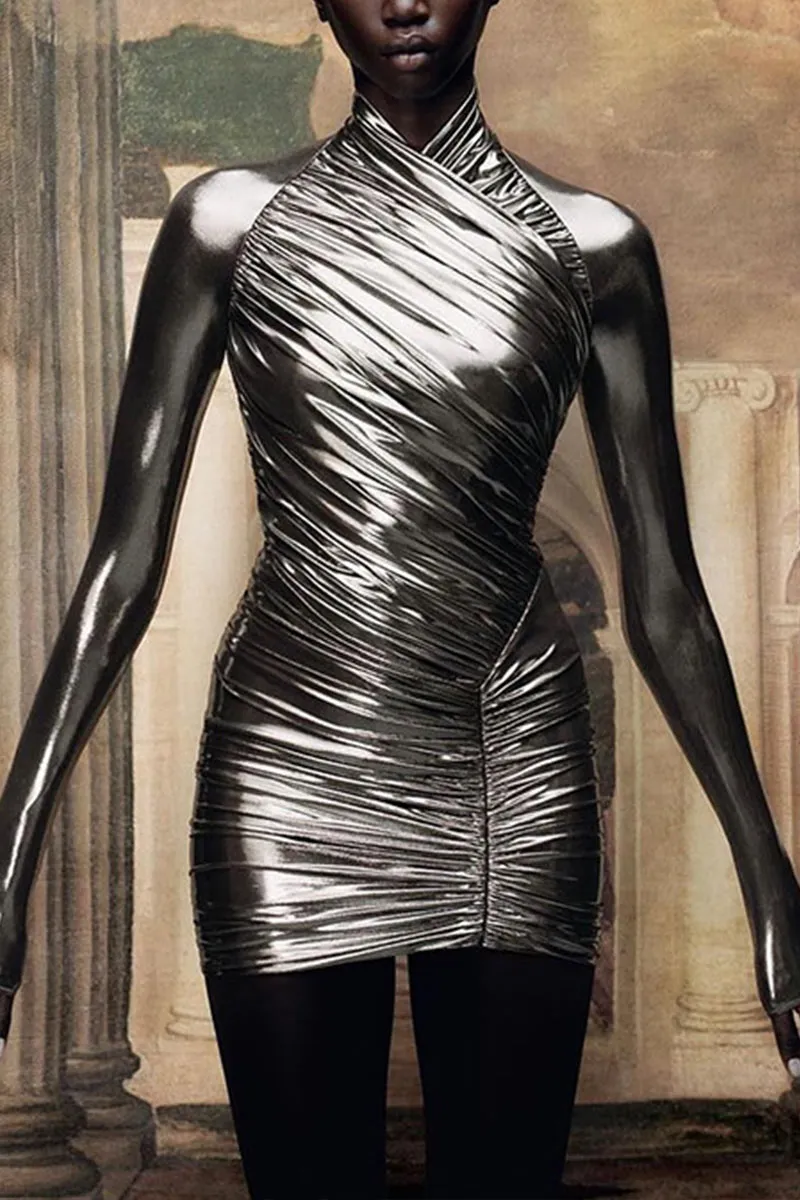 BI689 Metallic Leather Mini Dress