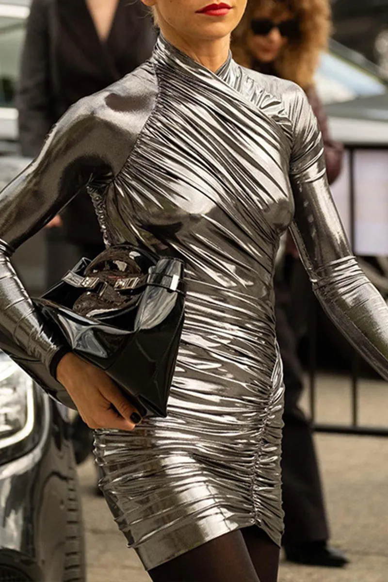 BI689 Metallic Leather Mini Dress