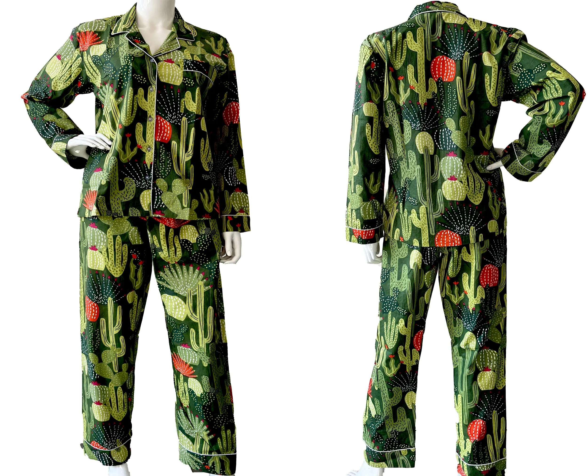 Black 100% Pure Cotton Cambric Women's Pajamas with Cactus Print