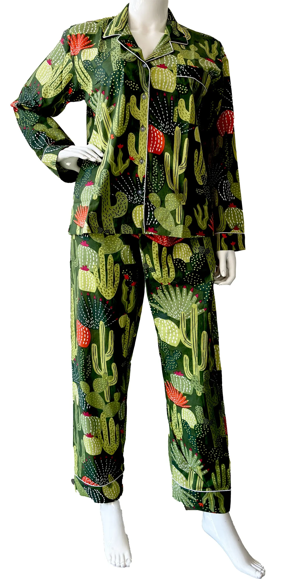 Black 100% Pure Cotton Cambric Women's Pajamas with Cactus Print