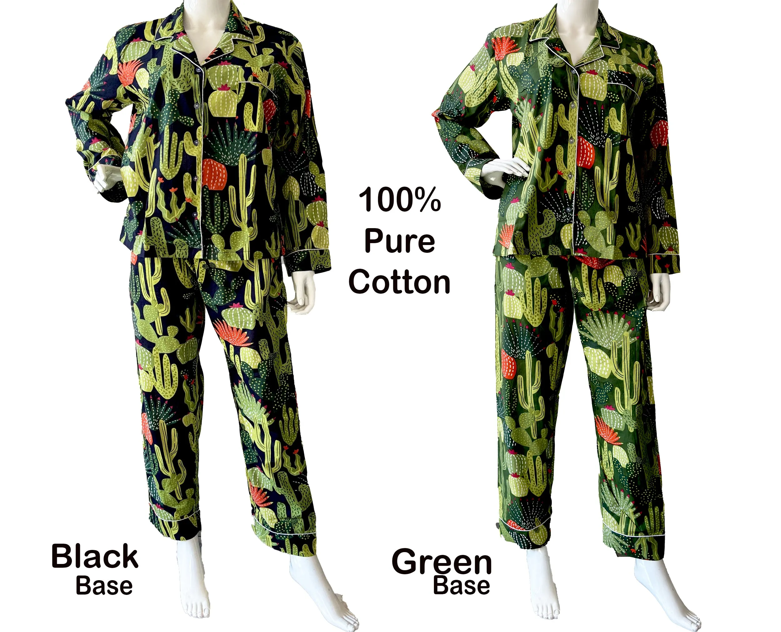 Black 100% Pure Cotton Cambric Women's Pajamas with Cactus Print