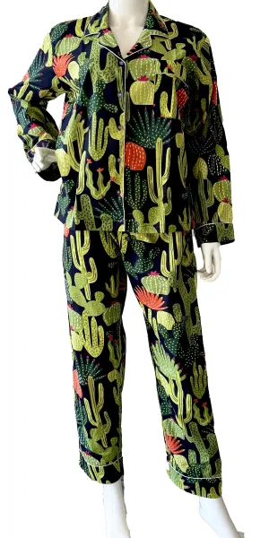Black 100% Pure Cotton Cambric Women's Pajamas with Cactus Print