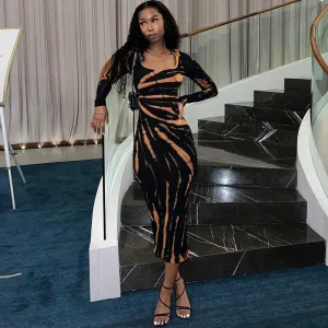 Black Abstract Printed Ribbed Dress
