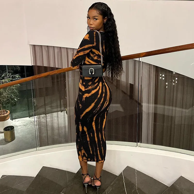 Black Abstract Printed Ribbed Dress