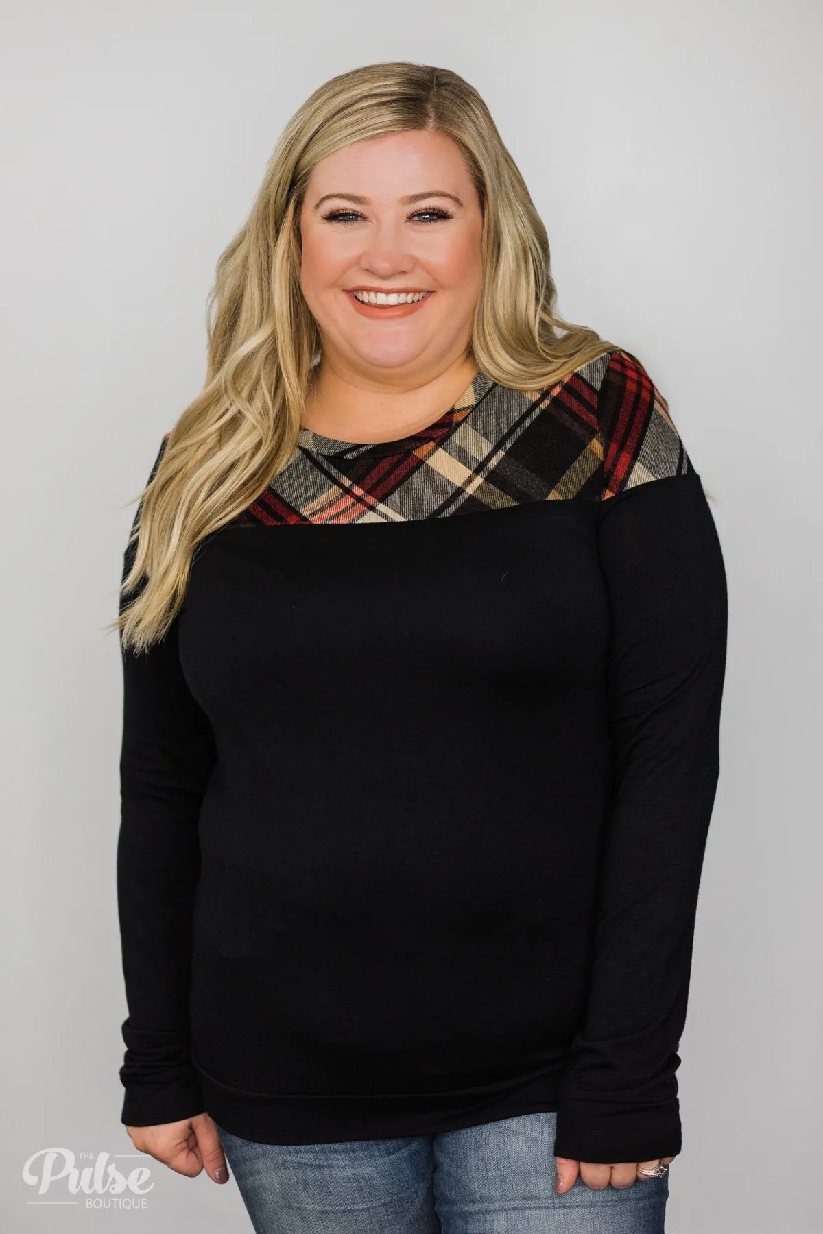 Black & Plaid Long Sleeve Top
